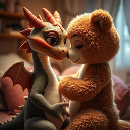 a female dragon and a female bear engaging in a sensual embrace, with soft and fluffy fur textures, in a gentle scissor position in a cozy back room