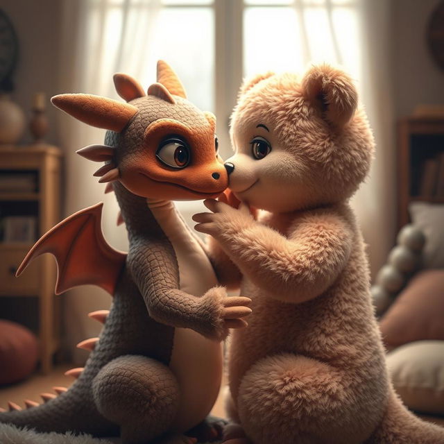 a female dragon and a female bear engaging in a sensual embrace, with soft and fluffy fur textures, in a gentle scissor position in a cozy back room