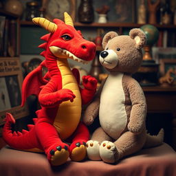 A whimsical scene featuring a female dragon and a female bear, depicted as plush, stuffed animals