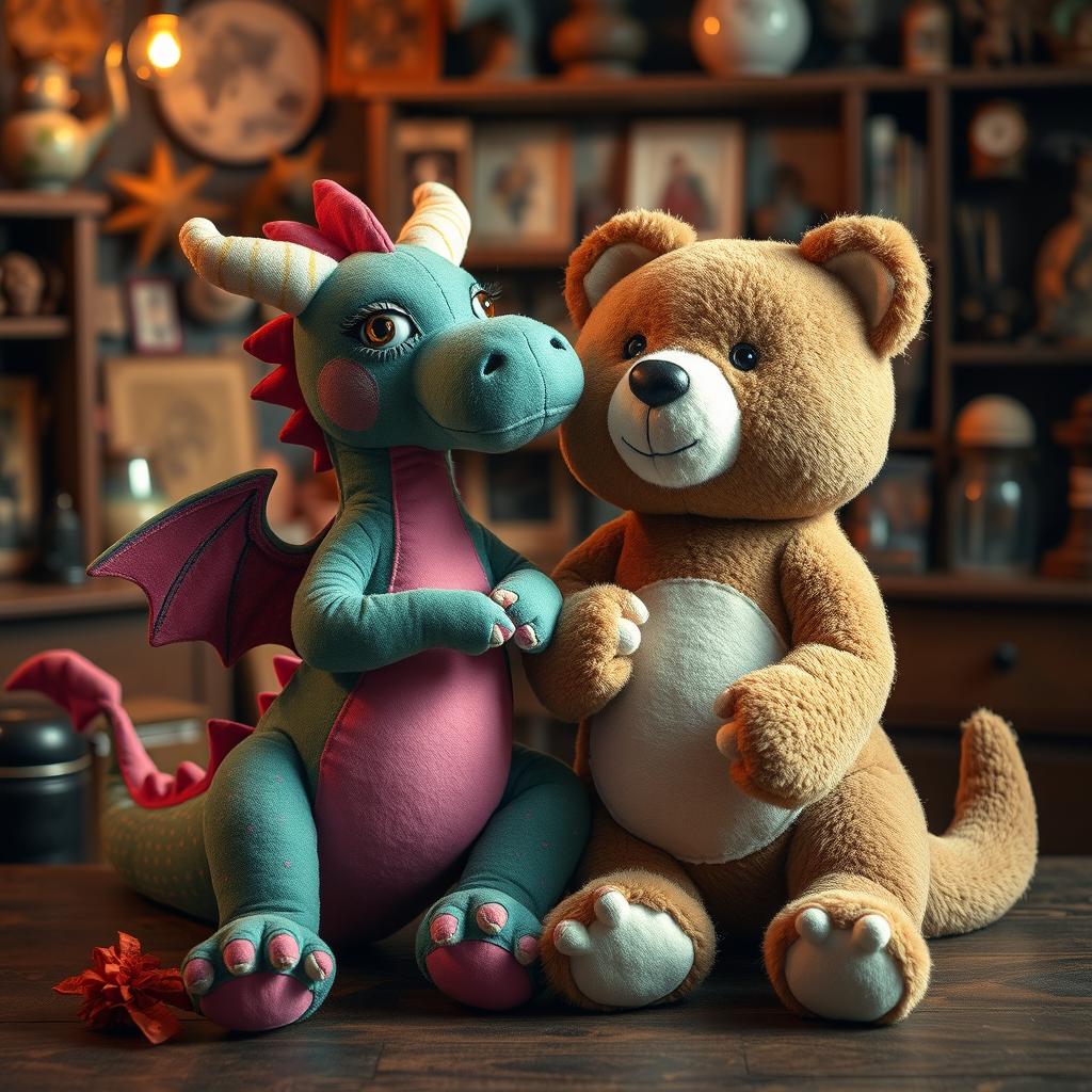 A whimsical scene featuring a female dragon and a female bear, depicted as plush, stuffed animals