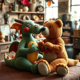 A whimsical scene featuring a female dragon and a female bear, depicted as plush, stuffed animals