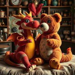 A whimsical scene featuring a female dragon and a female bear, depicted as plush, stuffed animals