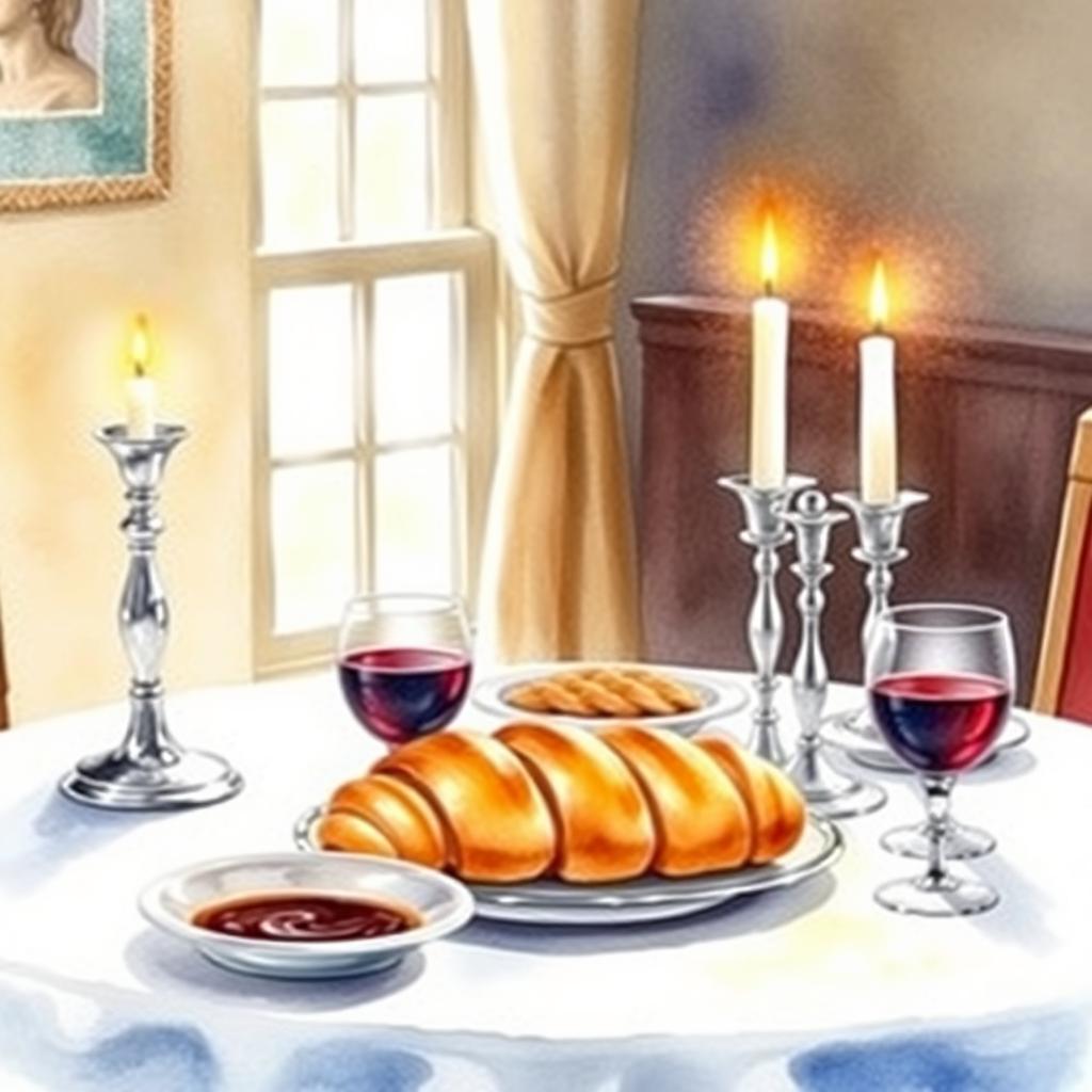 A cozy Shabbat table scene painted in watercolor