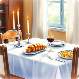 A cozy Shabbat table scene painted in watercolor