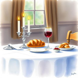 A cozy Shabbat table scene painted in watercolor