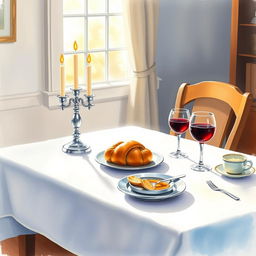 A cozy Shabbat table scene painted in watercolor