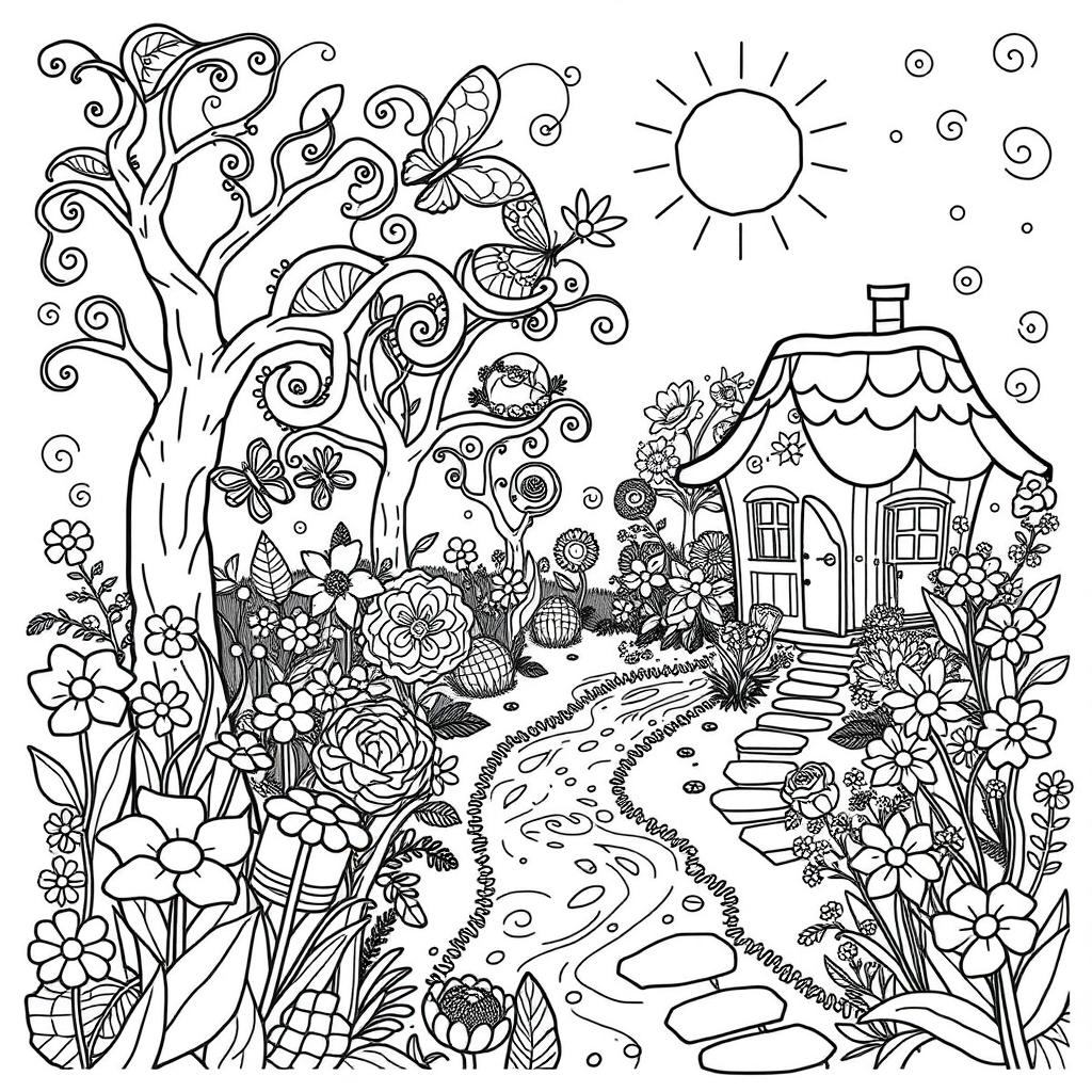 A delightful coloring book page featuring an enchanting garden with a variety of flowers, butterflies, and a cozy little cottage