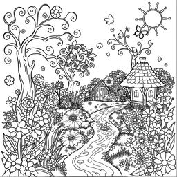 A delightful coloring book page featuring an enchanting garden with a variety of flowers, butterflies, and a cozy little cottage