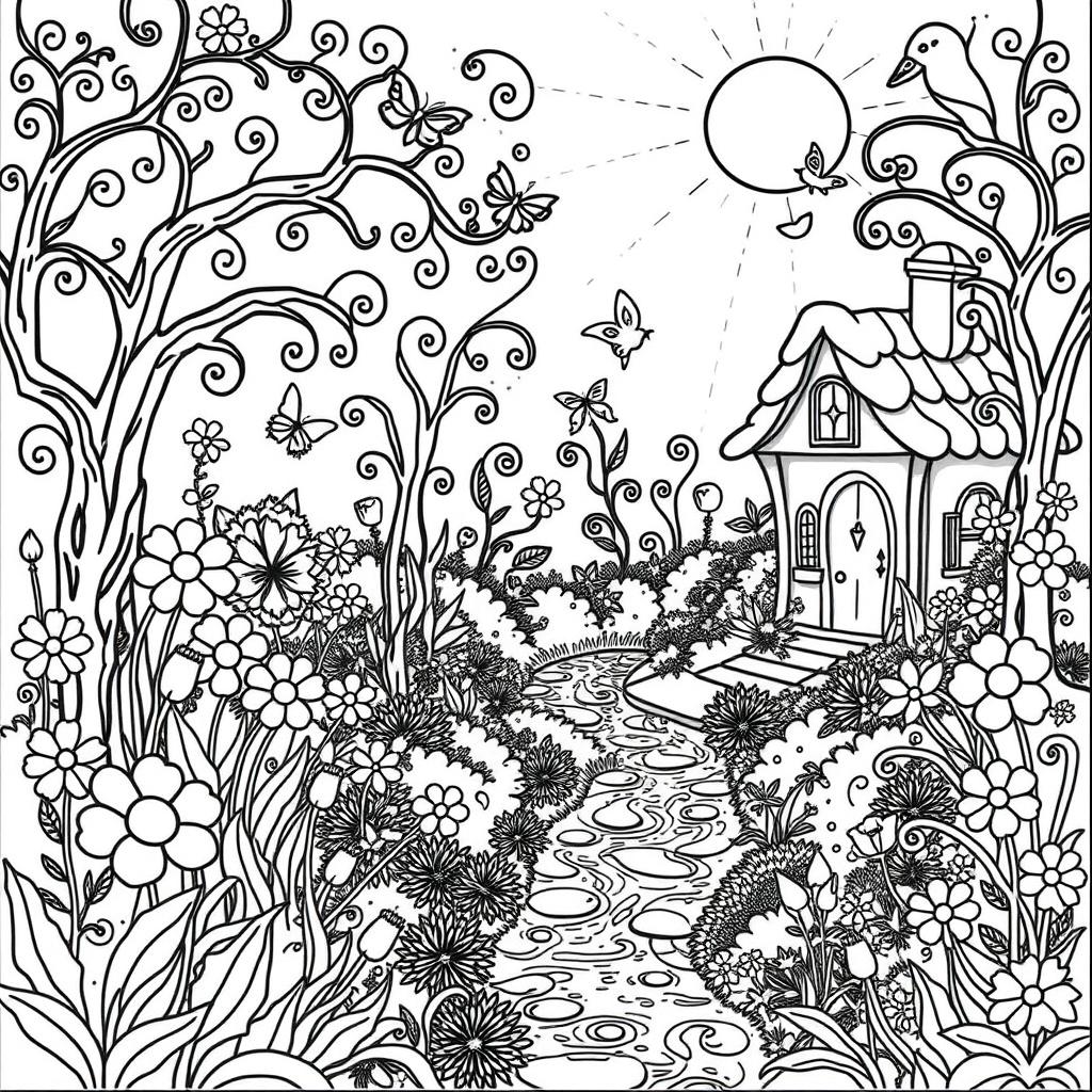 A delightful coloring book page featuring an enchanting garden with a variety of flowers, butterflies, and a cozy little cottage