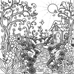 A delightful coloring book page featuring an enchanting garden with a variety of flowers, butterflies, and a cozy little cottage