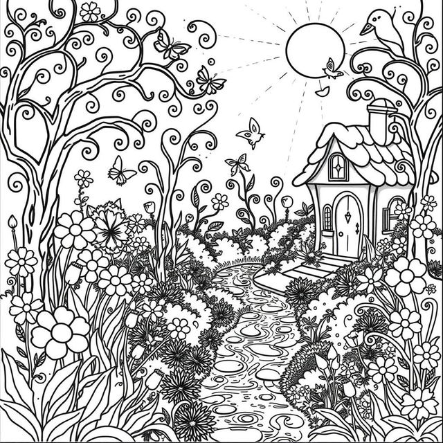 A delightful coloring book page featuring an enchanting garden with a variety of flowers, butterflies, and a cozy little cottage