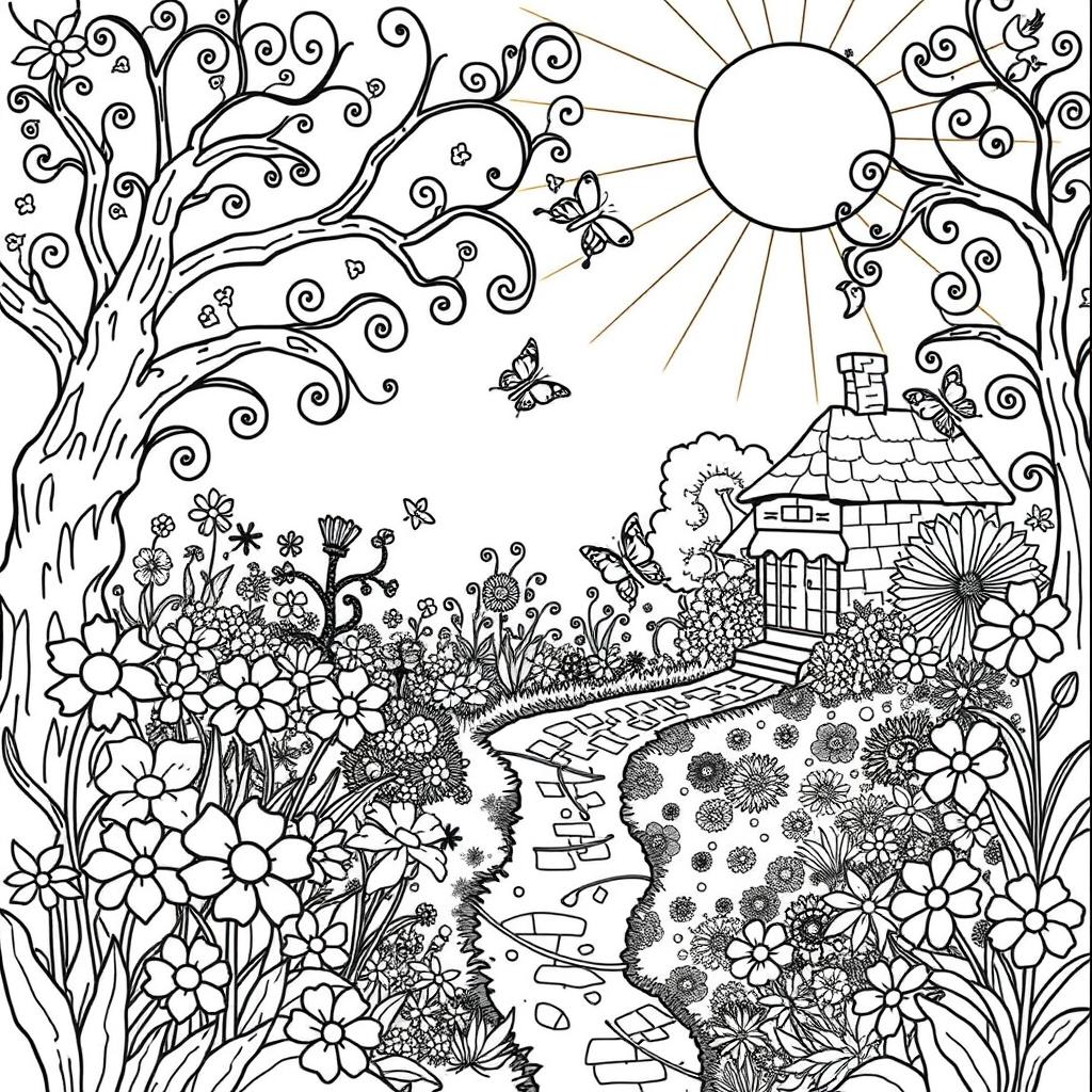 A delightful coloring book page featuring an enchanting garden with a variety of flowers, butterflies, and a cozy little cottage