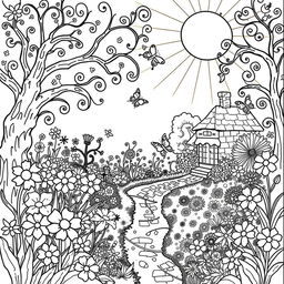 A delightful coloring book page featuring an enchanting garden with a variety of flowers, butterflies, and a cozy little cottage