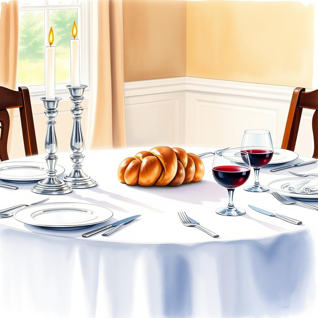 A cozy Shabbat table scene painted in watercolor, featuring two elegant silver candlesticks with lit candles, a realistically detailed braided challah bread placed in the center, and multiple place settings with fine china and silverware