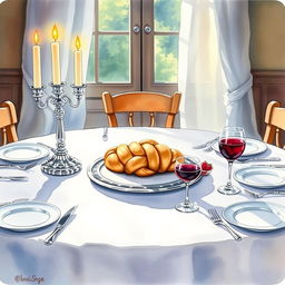 A cozy Shabbat table scene painted in watercolor, featuring two elegant silver candlesticks with lit candles, a realistically detailed braided challah bread placed in the center, and multiple place settings with fine china and silverware