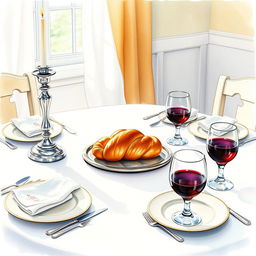 A cozy Shabbat table scene painted in watercolor, featuring two elegant silver candlesticks with lit candles, a realistically detailed braided challah bread placed in the center, and multiple place settings with fine china and silverware