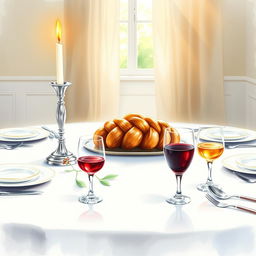 A cozy Shabbat table scene painted in watercolor, featuring two elegant silver candlesticks with lit candles, a realistically detailed braided challah bread placed in the center, and multiple place settings with fine china and silverware