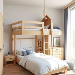 A boy's bedroom designed in the Montesoli style, featuring a creative and space-efficient layout