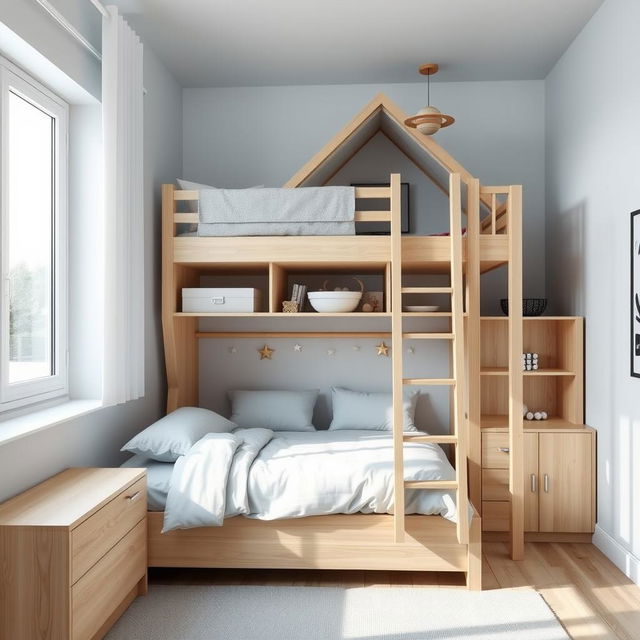 A boy's bedroom designed in the Montesoli style, featuring a creative and space-efficient layout