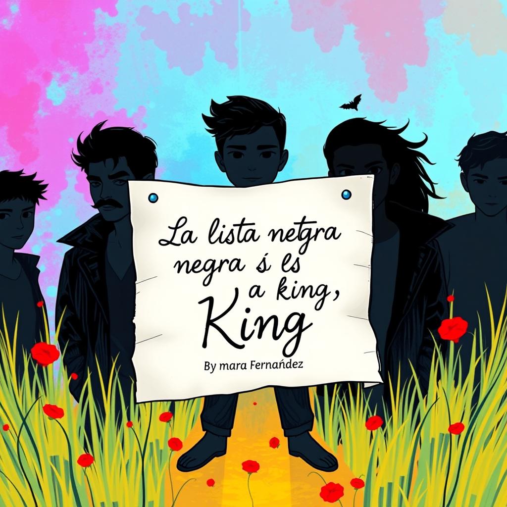 A vibrant animated cover for a romantic novel titled "La lista negra de los King", authored by Mara Fernández