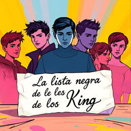 A vibrant animated cover for a romantic novel titled "La lista negra de los King", authored by Mara Fernández