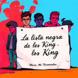 A vibrant animated cover for a romantic novel titled "La lista negra de los King", authored by Mara Fernández