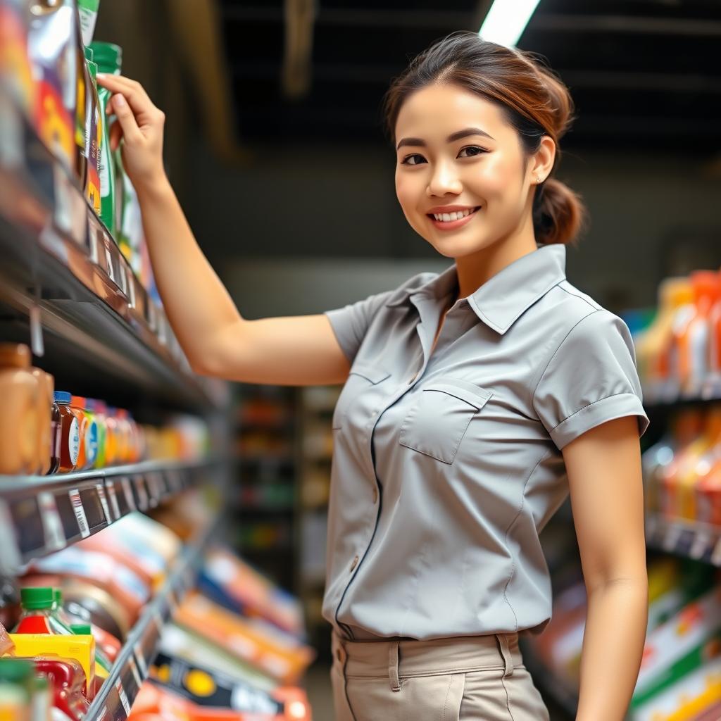 An attractive supermarket stocker with a confident smile, wearing a neat uniform of a short-sleeved shirt and comfortable pants