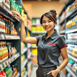 An attractive supermarket stocker with a confident smile, wearing a neat uniform of a short-sleeved shirt and comfortable pants