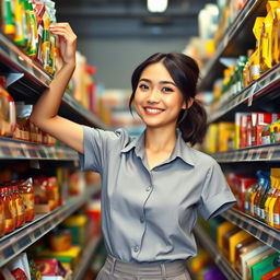 An attractive supermarket stocker with a confident smile, wearing a neat uniform of a short-sleeved shirt and comfortable pants