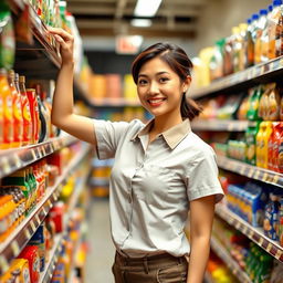 An attractive supermarket stocker with a confident smile, wearing a neat uniform of a short-sleeved shirt and comfortable pants