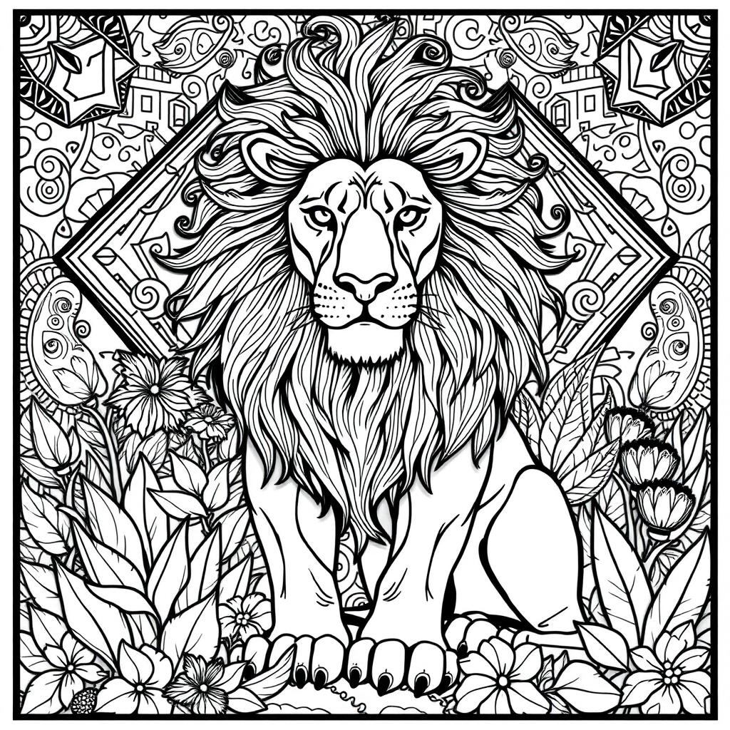 A detailed and intricate coloring book illustration featuring a majestic lion