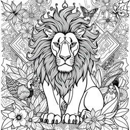 A detailed and intricate coloring book illustration featuring a majestic lion