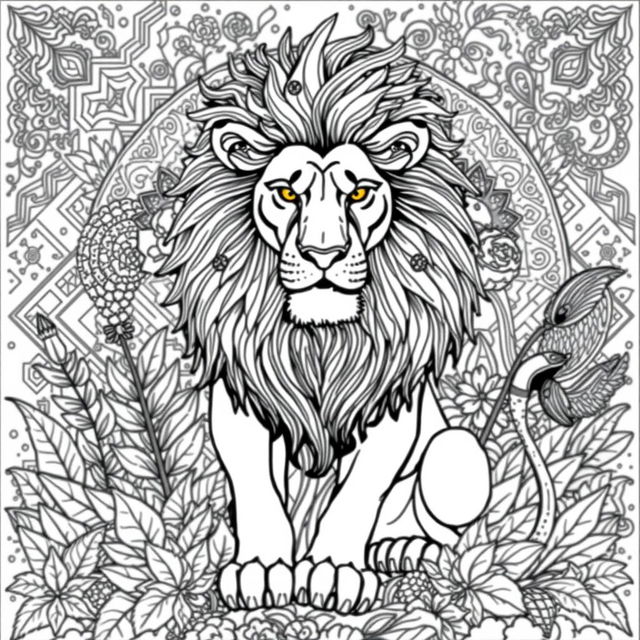 A detailed and intricate coloring book illustration featuring a majestic lion