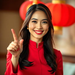 A beautiful Asian woman with an elegant demeanor, dressed in a striking red outfit, exuding charm and poise