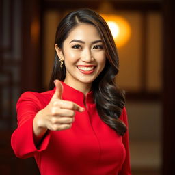 A beautiful Asian woman with an elegant demeanor, dressed in a striking red outfit, exuding charm and poise