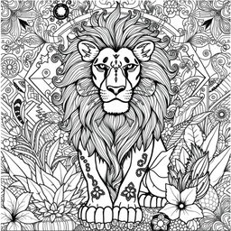 A detailed and intricate coloring book illustration featuring a majestic lion