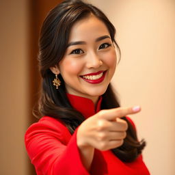 A beautiful Asian woman with an elegant demeanor, dressed in a striking red outfit, exuding charm and poise