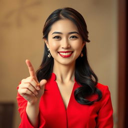 A beautiful Asian woman with an elegant demeanor, dressed in a striking red outfit, exuding charm and poise