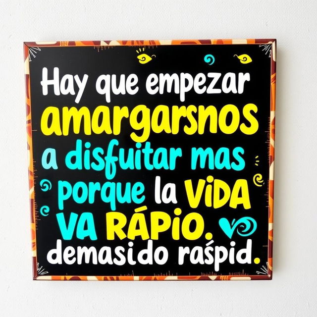 A visually appealing sign with the phrase 'Hay que empezar a amargarnos menos y a disfrutar más porque la vida va rápido, demasiado rápido'