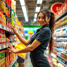 A beautiful and sensual young woman working as a supermarket restocker