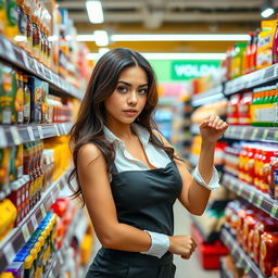 A beautiful and sensual young woman working as a supermarket restocker