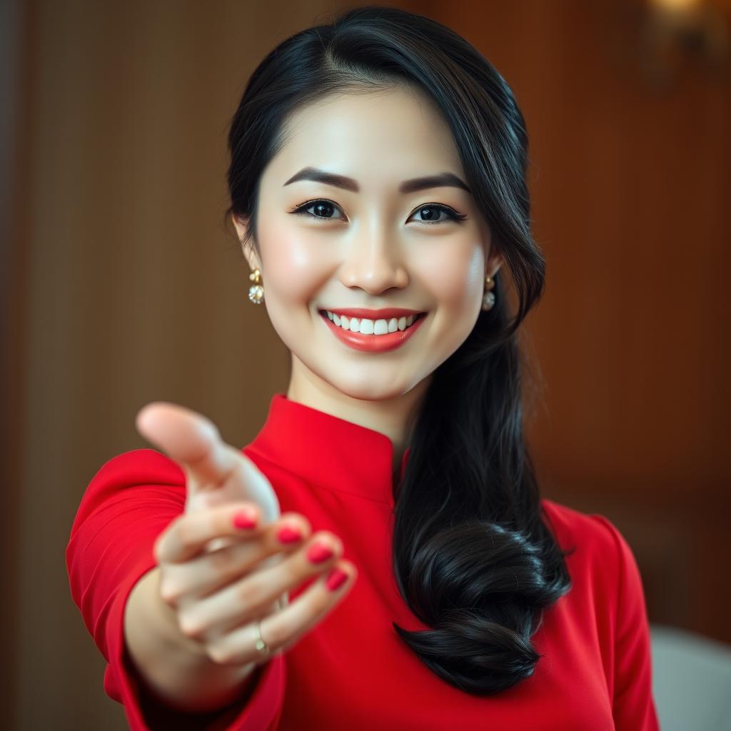 A beautiful Asian woman with an elegant demeanor, dressed in a striking red outfit, exuding charm and poise