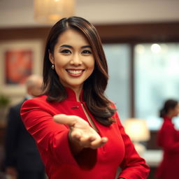 A beautiful Asian woman with an elegant demeanor, dressed in a striking red outfit, exuding charm and poise