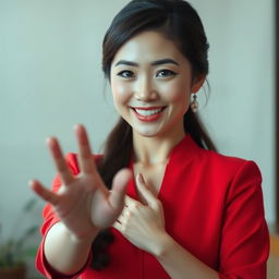 A beautiful Asian woman with an elegant demeanor, dressed in a striking red outfit, exuding charm and poise