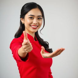 A beautiful Asian woman with an elegant demeanor, dressed in a striking red outfit, exuding charm and poise