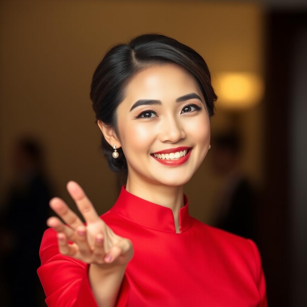 A beautiful Asian woman with an elegant demeanor, dressed in a striking red outfit, exuding charm and poise