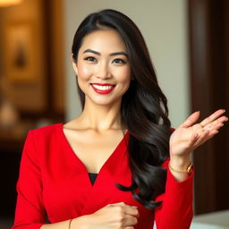 A beautiful Asian woman with an elegant demeanor, dressed in a striking red outfit, exuding charm and poise