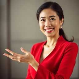 A beautiful Asian woman with an elegant demeanor, dressed in a striking red outfit, exuding charm and poise