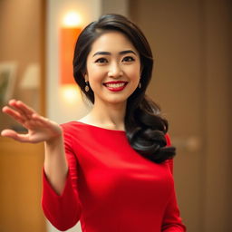 A beautiful Asian woman with an elegant demeanor, dressed in a striking red outfit, exuding charm and poise