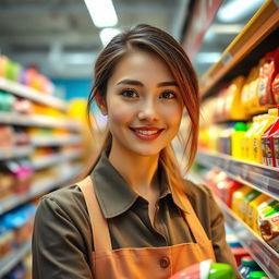 An attractive young woman with fair skin and brown hair, working as a supermarket restocker